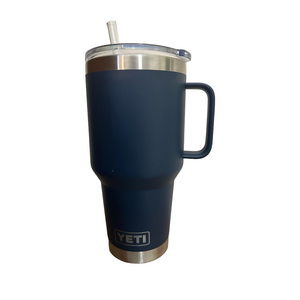 Yeti Blue and Silver Marlins Tumbler with Handle, Straw lid, Travel Mug